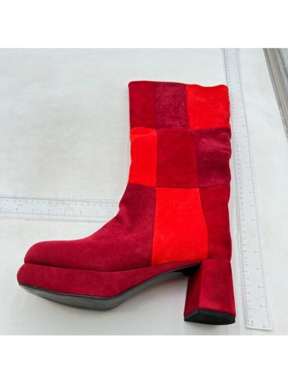 Women's Mid Calf  Boots Platform High Chunky Block Heel Ankle Boots Red